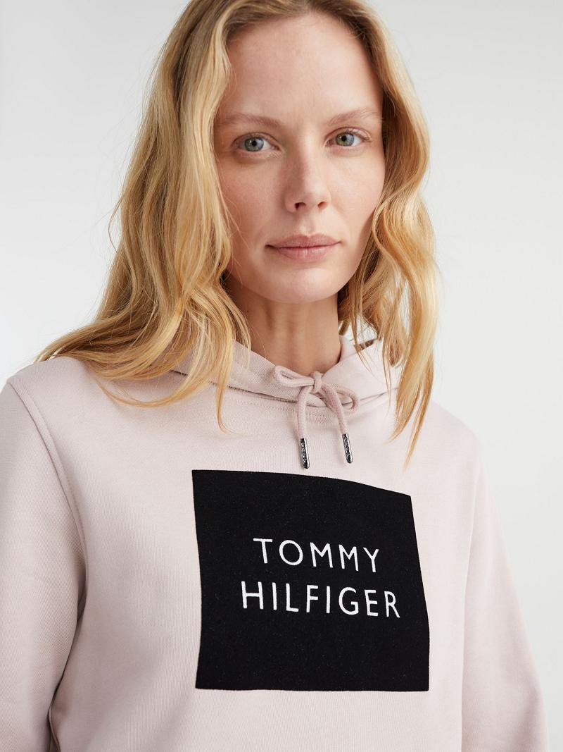 Női Tommy Hilfiger Organic Pamut Flocked Logo Hoodies Bézs | HU 156DFM